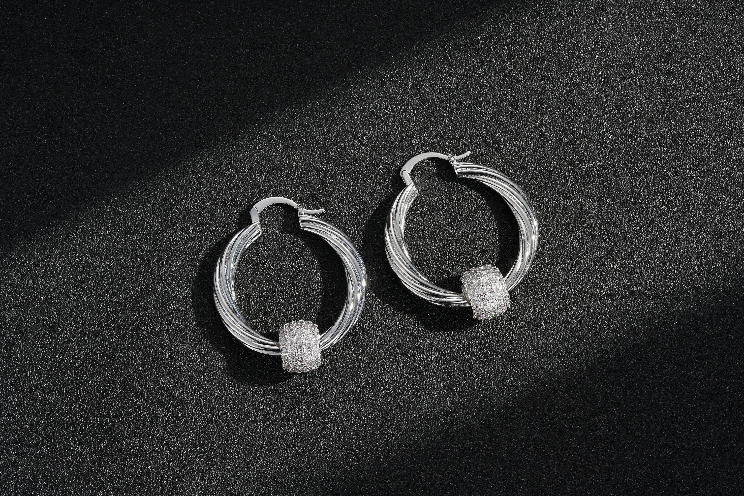 Silver Large Disco Ball Hoop Earrings with Stones