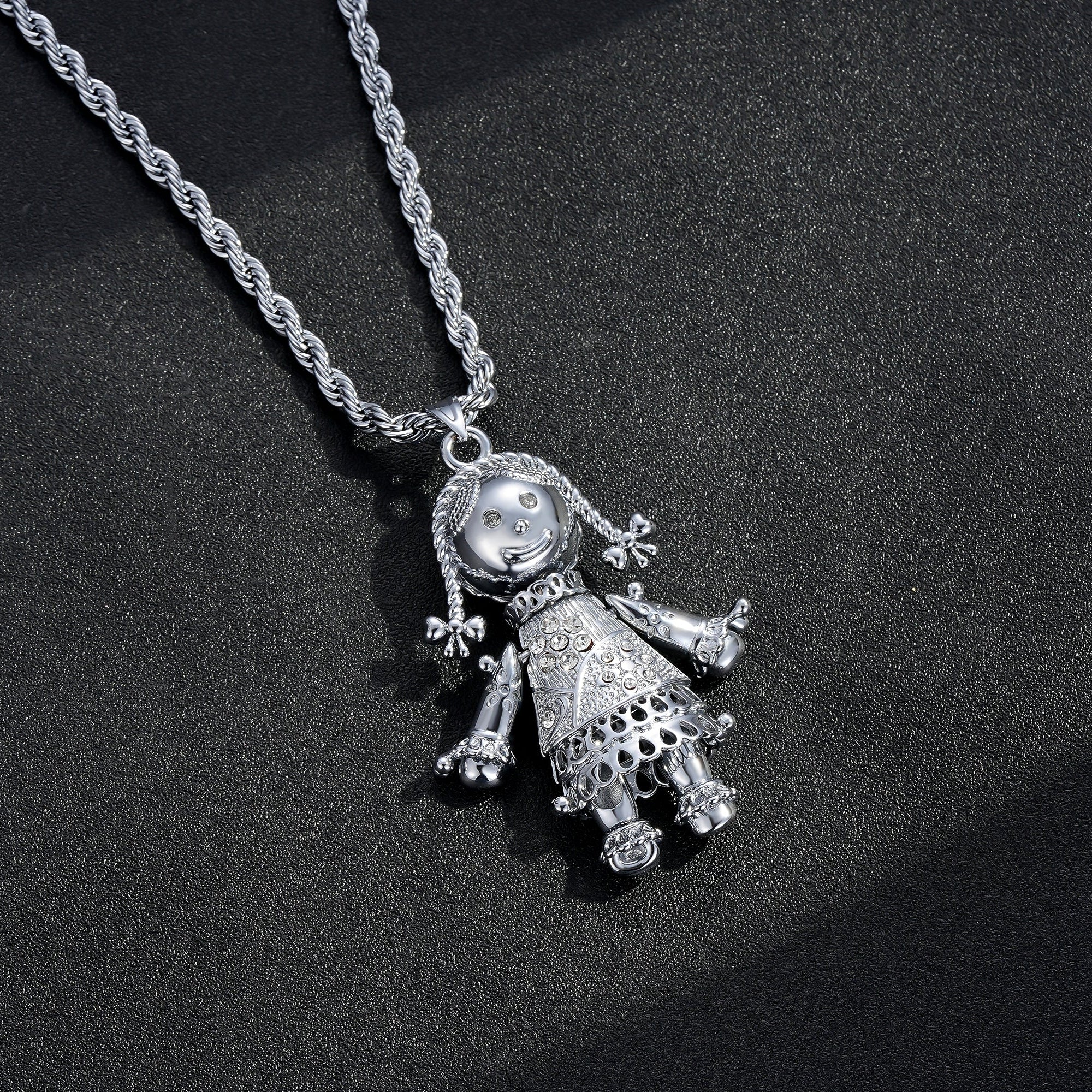 Largest Silver Heart Rag Doll Pendant with Clear Stones – 24 Inch