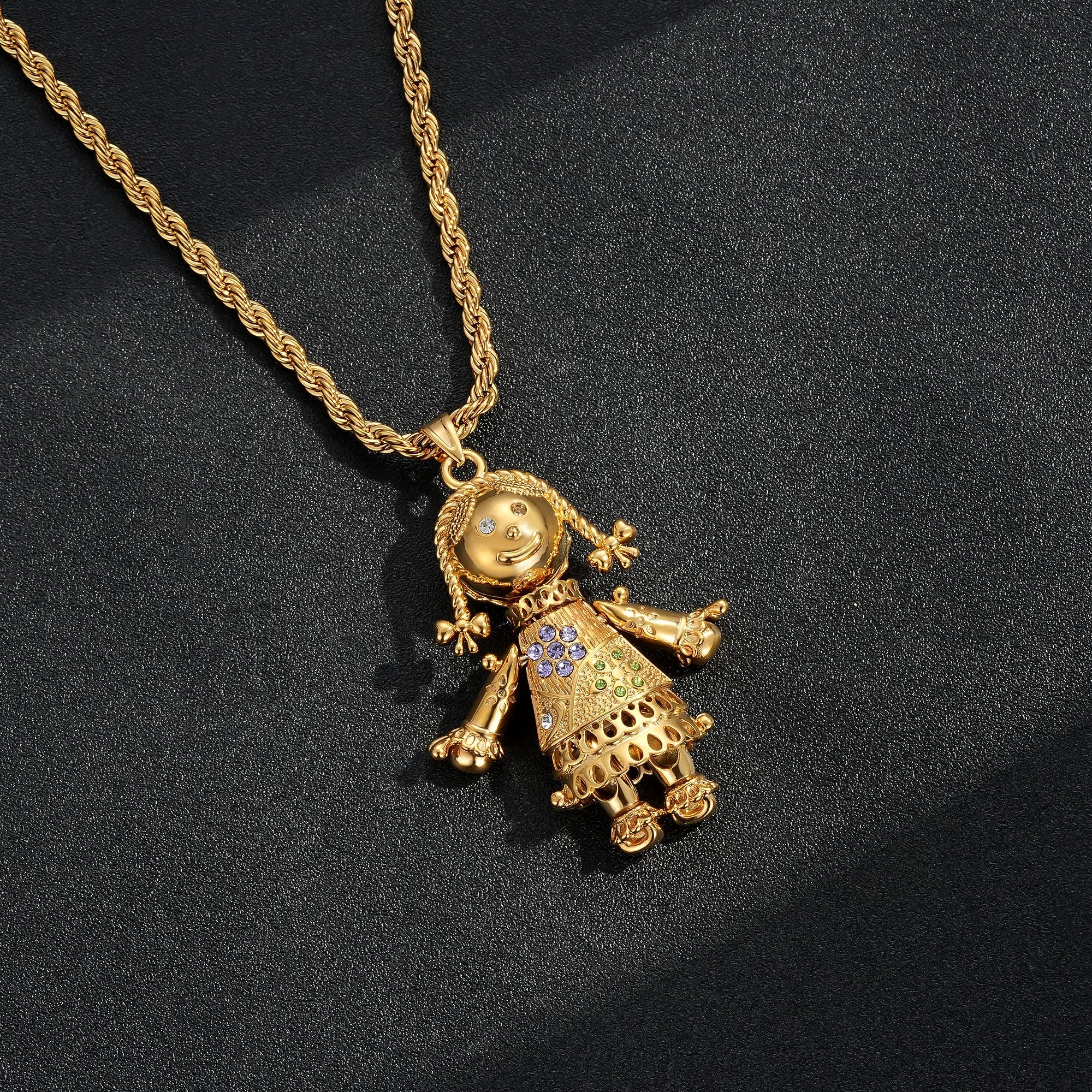 Largest Gold Heart Rag Doll Pendant with Multi-Coloured Stones – 24 Inch