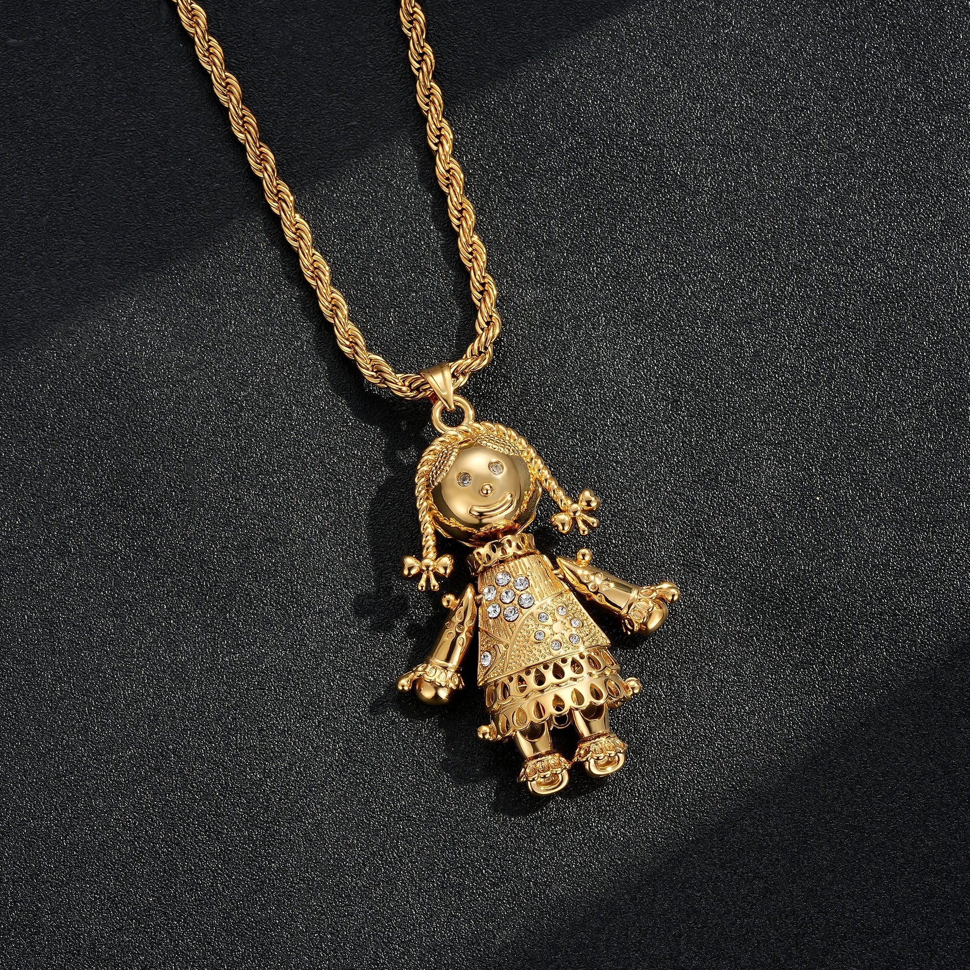 Largest Gold Heart Rag Doll Pendant with Clear Stones – 24 Inch