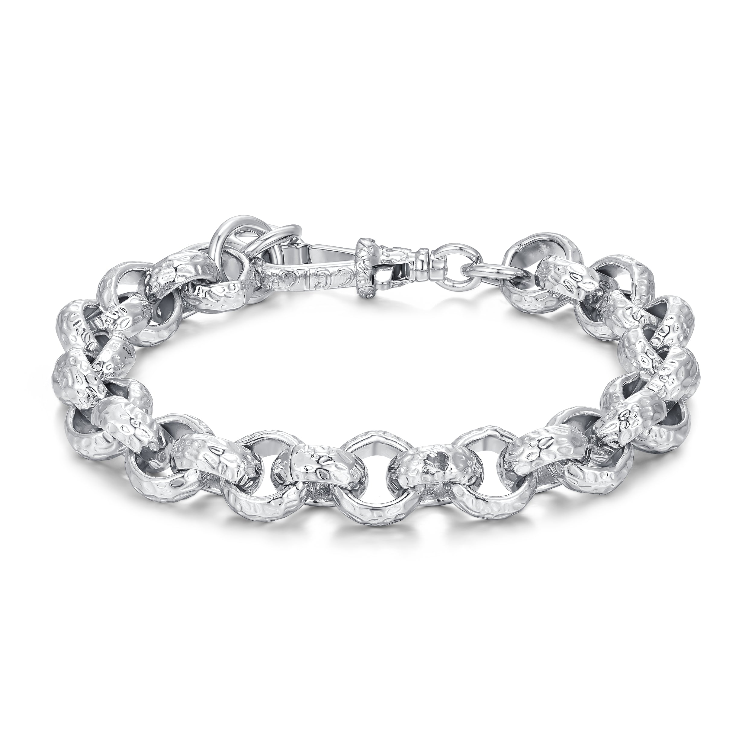 12mm Diamond-Patterned Belcher Bracelet with Albert Clasp – Premium Silver-Filled, 8 Inch