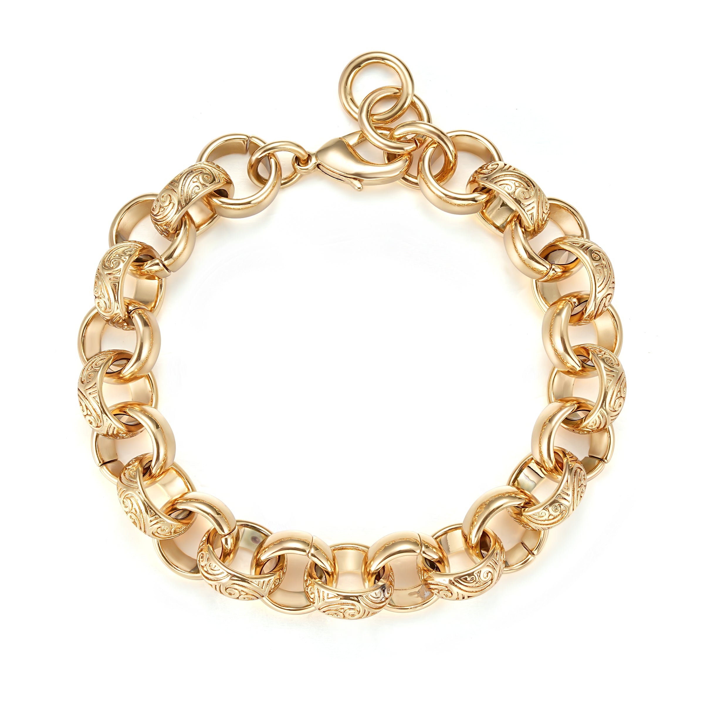 8-9.3 inch gold Belcher bracelet with 15mm wide links, 72g weight.