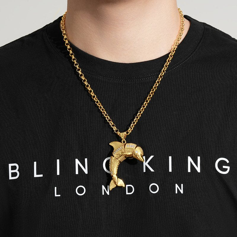 Gold-Filled Dolphin Pendant with Stones on 24-Inch Belcher Chain