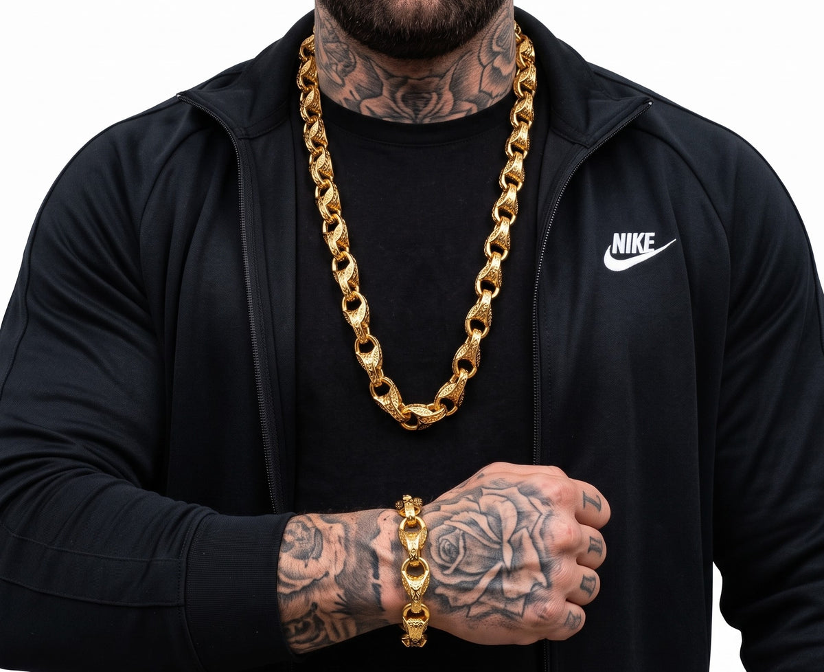 Gold XXL 3D Tulip Chain & Bracelet Set 15mm