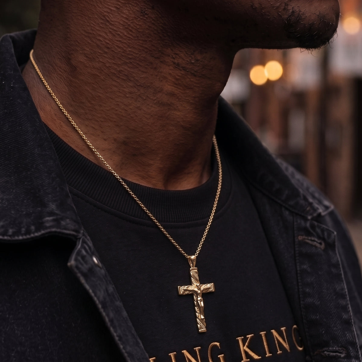 Yellow Gold Engraved Crucifix Cross Pendant & Gold Round Belcher Chain (24 Inch)