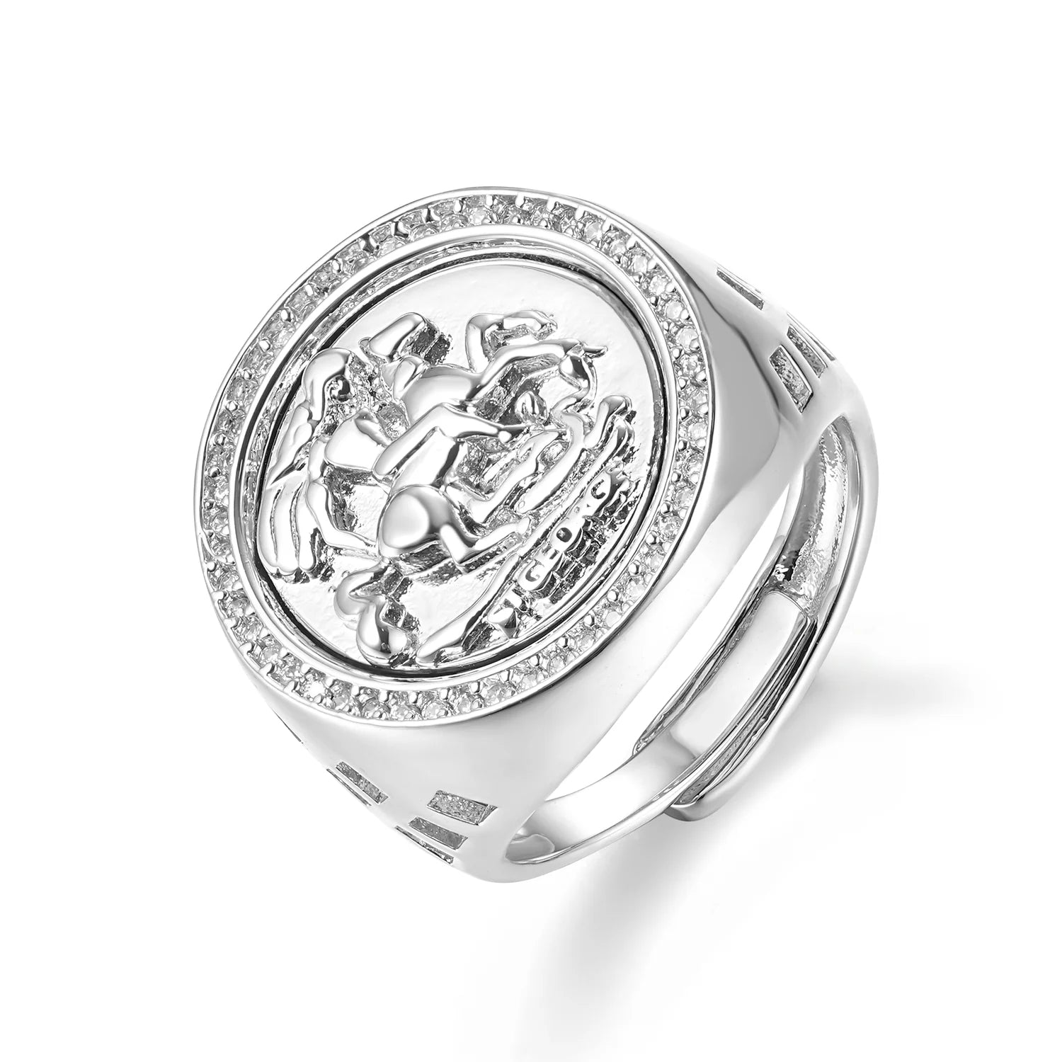 Waterproof Silver St George Sovereign Adjustable Ring with Stones