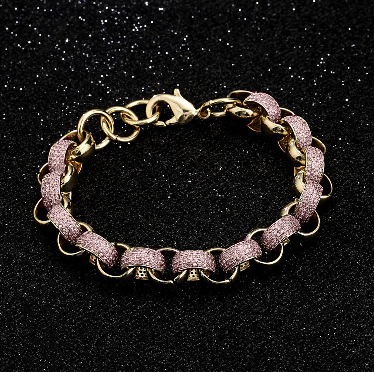 12mm Gold-Filled Pattern Belcher Bracelet with Pink Stones – Adjustable 8–9 Inches