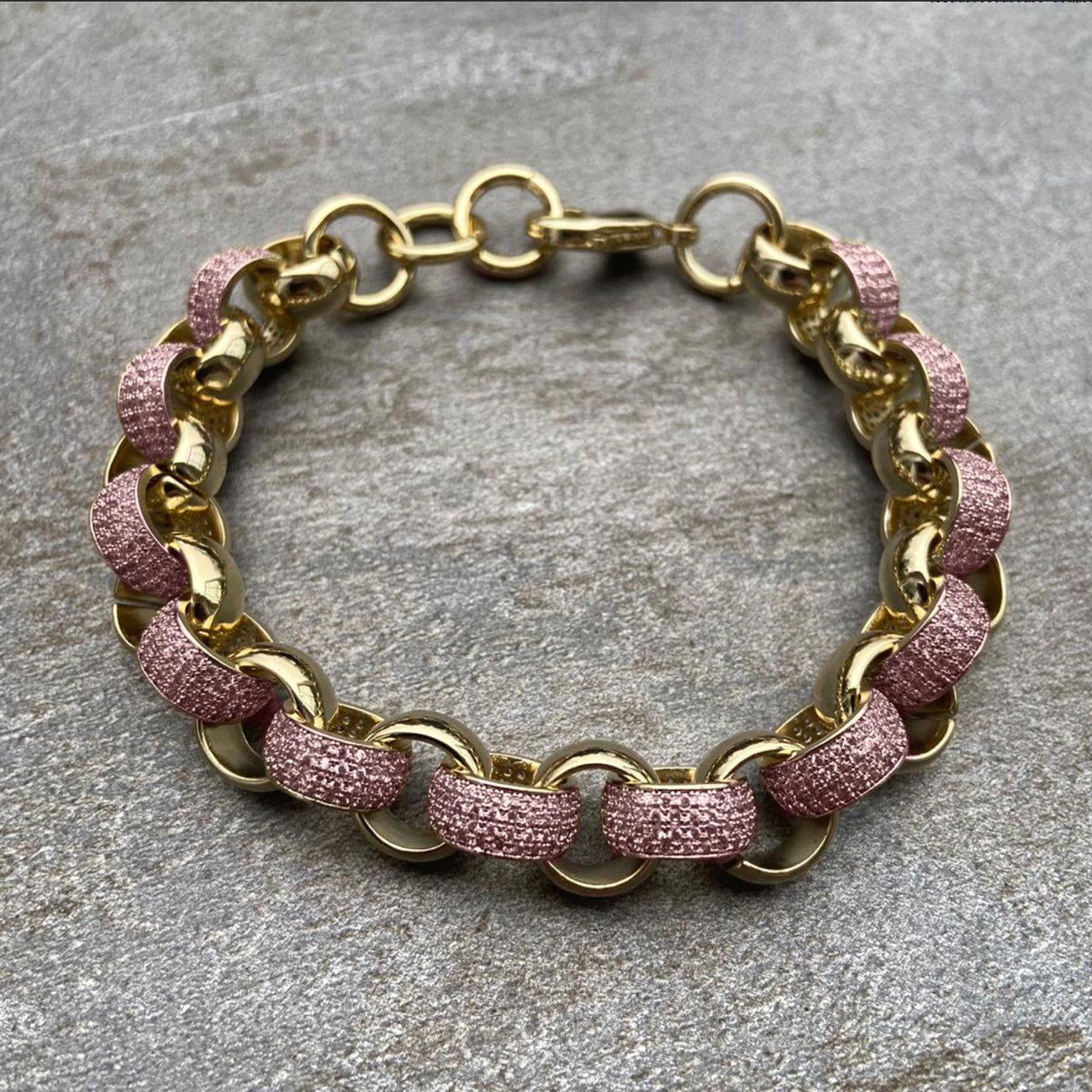 12mm Gold-Filled Pattern Belcher Bracelet with Pink Stones – Adjustable 8–9 Inches