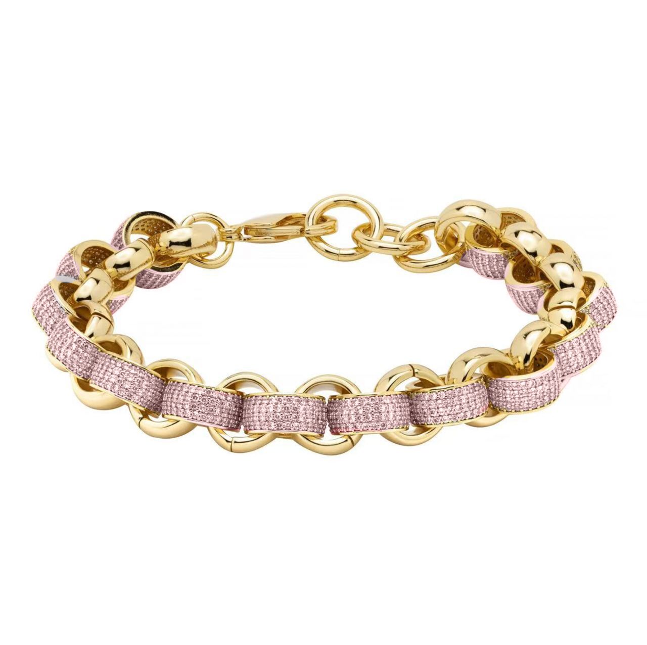 12mm Gold-Filled Pattern Belcher Bracelet with Pink Stones – Adjustable 8–9 Inches