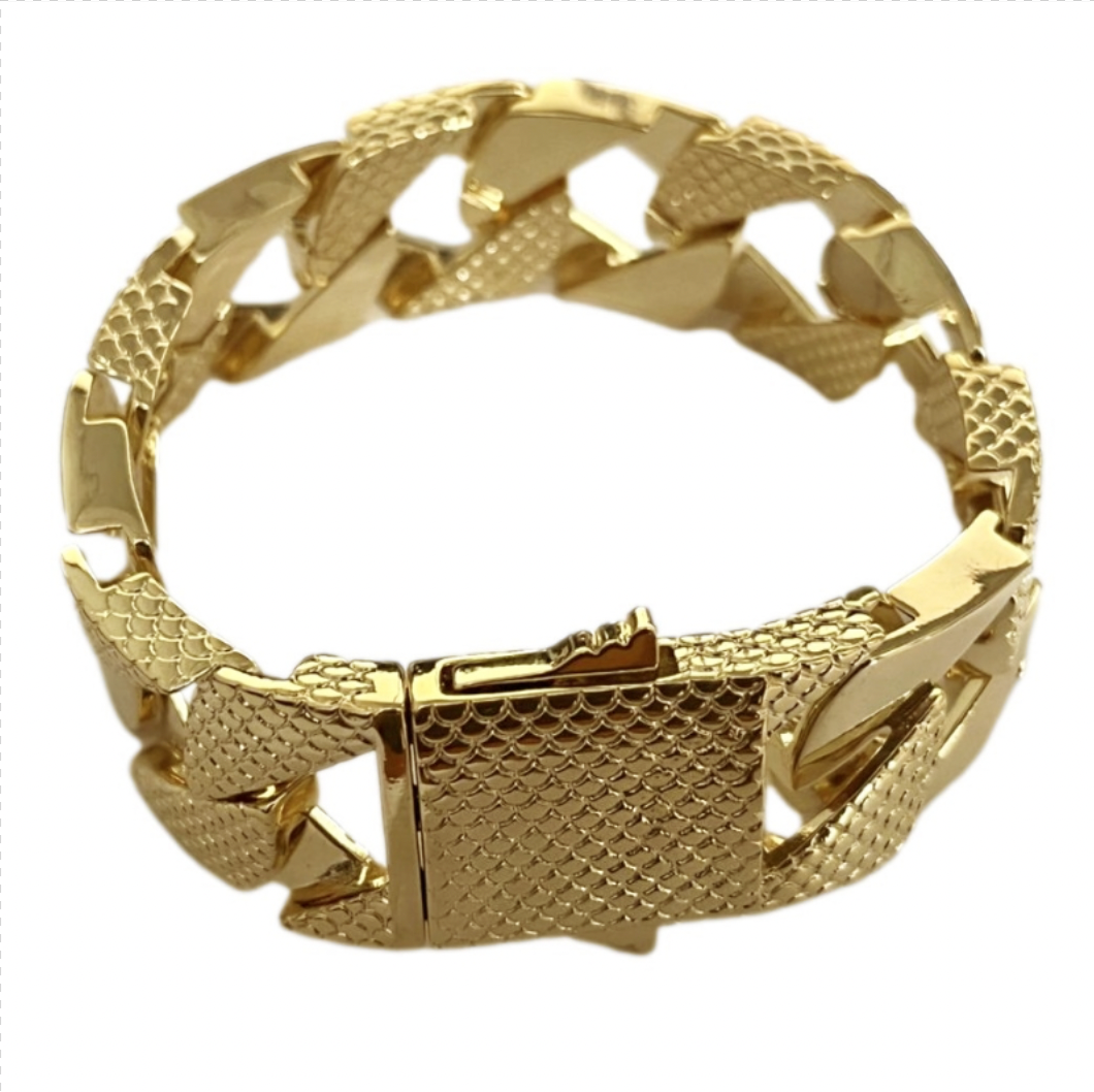 22mm Gold Snake Patterned Chaps Cuban Bracelet 8 Inch