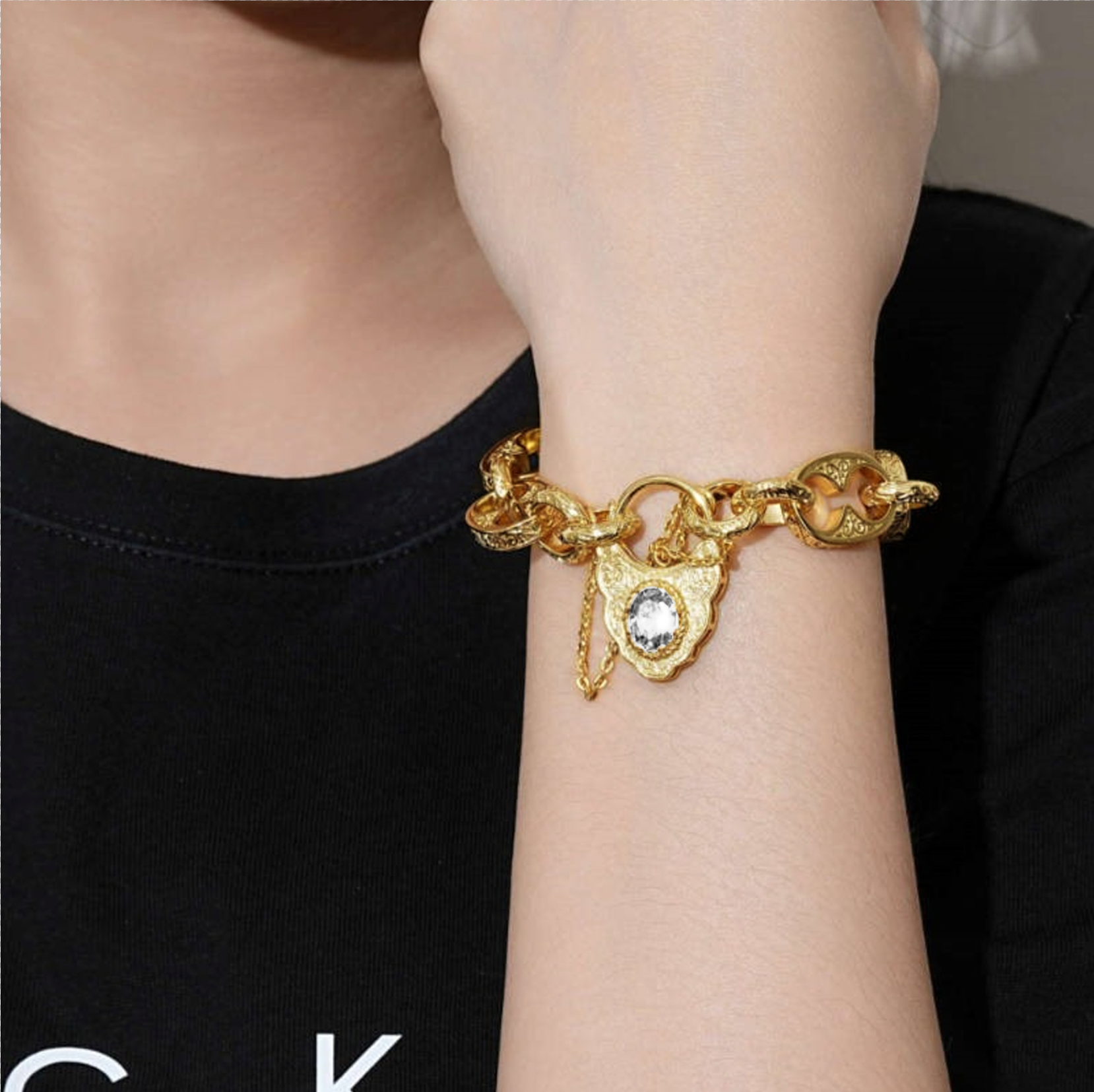 Gold-Filled Button Belcher Bracelet with Clear Stone and Vintage Padlock Clasp – 8 Inches