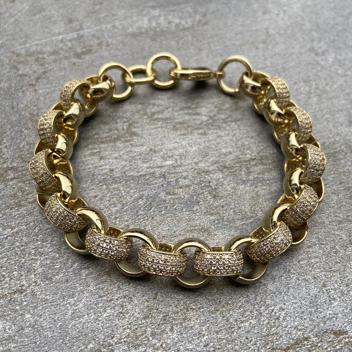 12mm Gold-Filled Pattern Belcher Bracelet with Diamond Stones – Adjustable 8–9 Inches