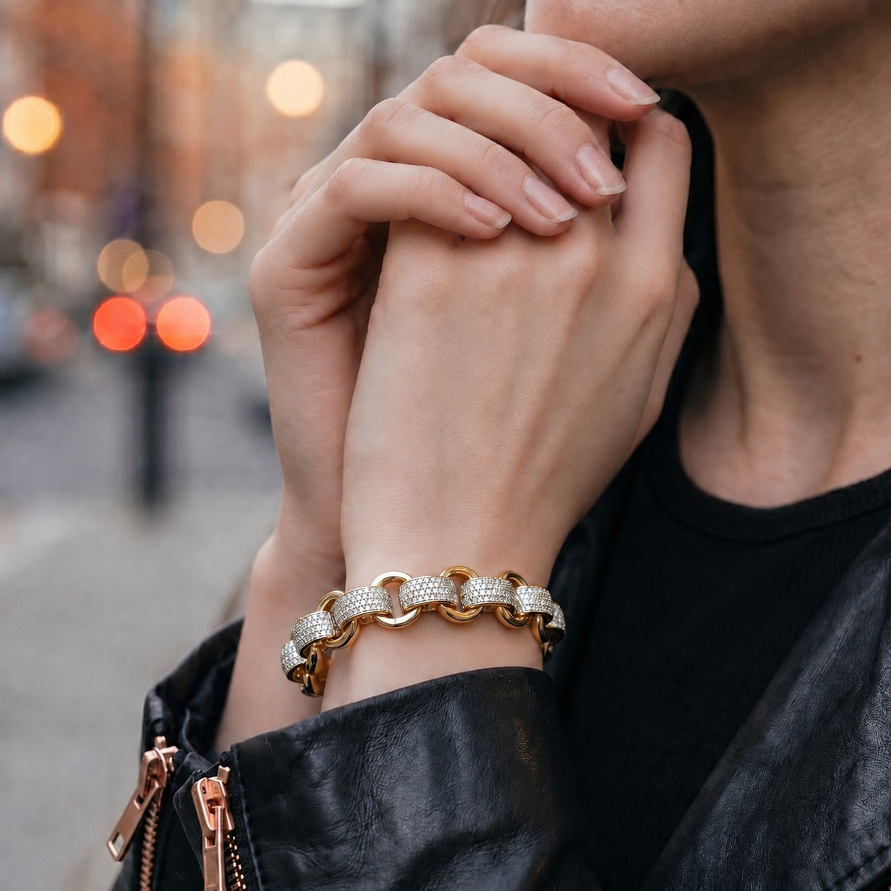 New 12mm GoldPattern Belcher Bracelet with Diamond Stones Adjustable 89 Inches
