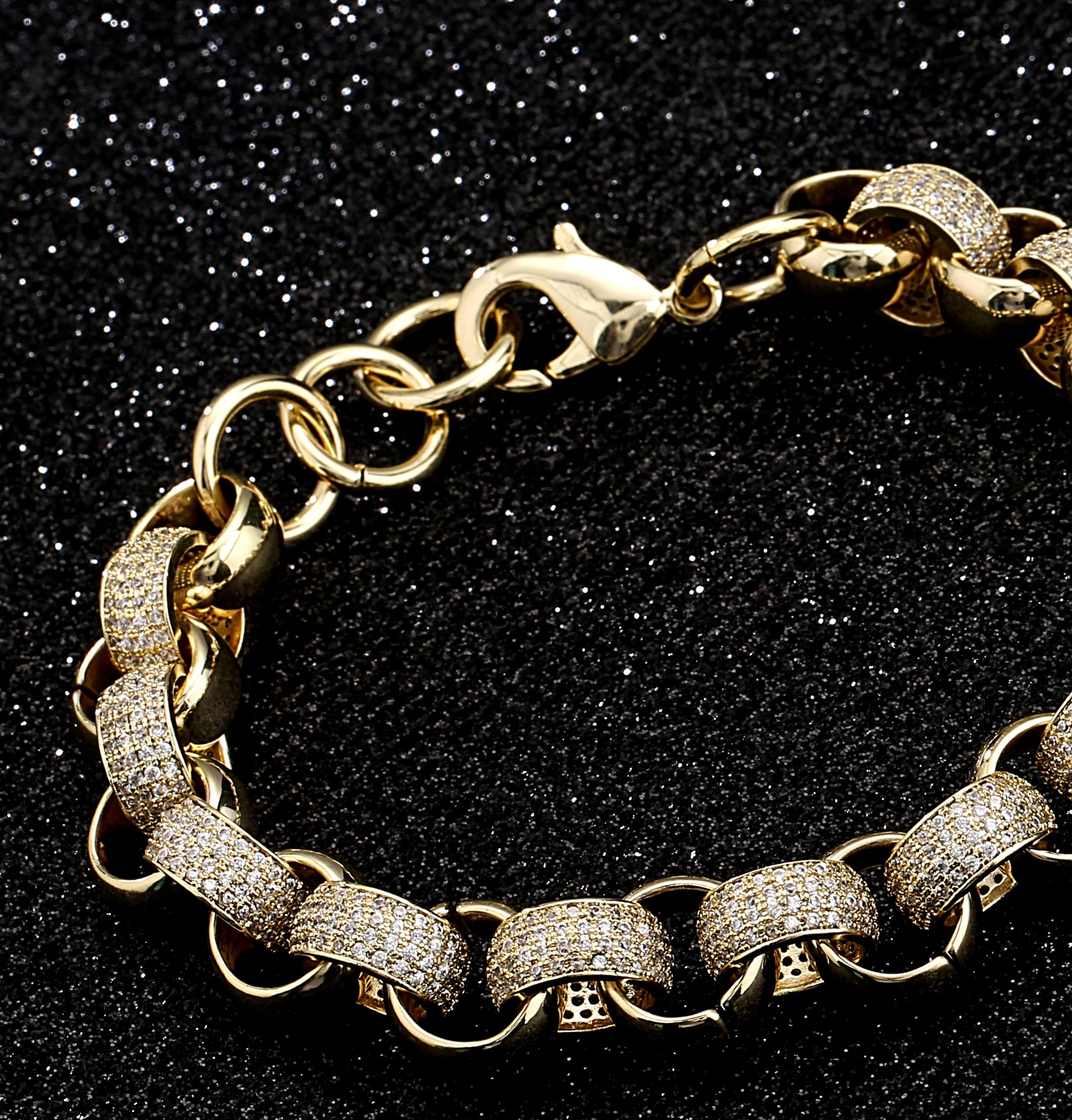 12mm Gold-Filled Pattern Belcher Bracelet with Diamond Stones – Adjustable 8–9 Inches