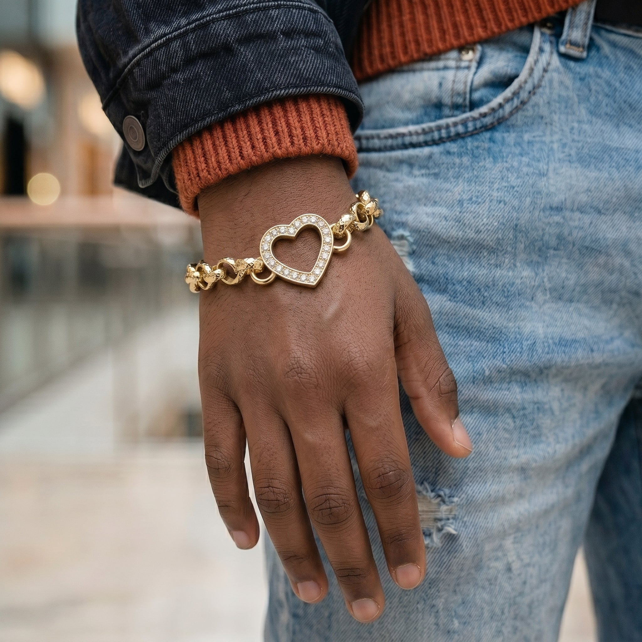 Kids 8mm Gold Open Heart Belcher Bracelet with Stones 66.5 Inch, 17g