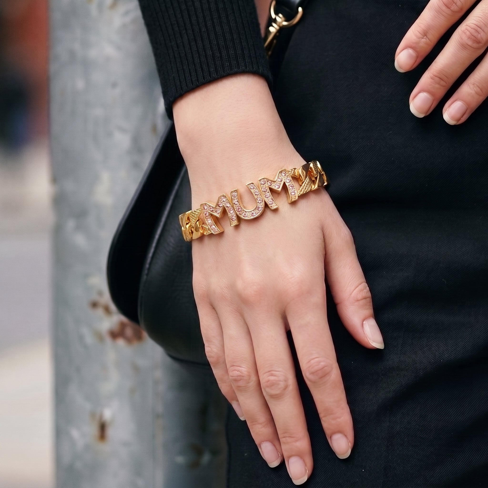 8mm Mum Cuban Bracelet Full Link, Pink Stones Fits 8-Inch Wrist - 22g