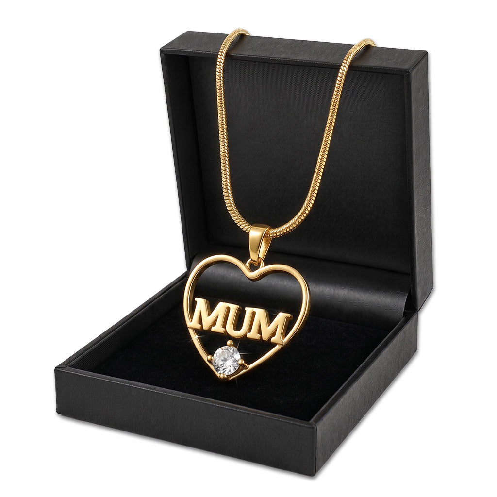 Gold MUM Heart Pendant Necklace with CZ Stone 22 Inch Chain