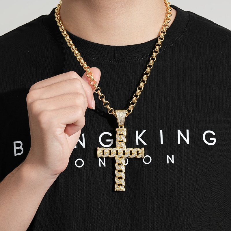 Gold Curb Cuban Cross Pendant 24 Inch 8mm Belcher Chain