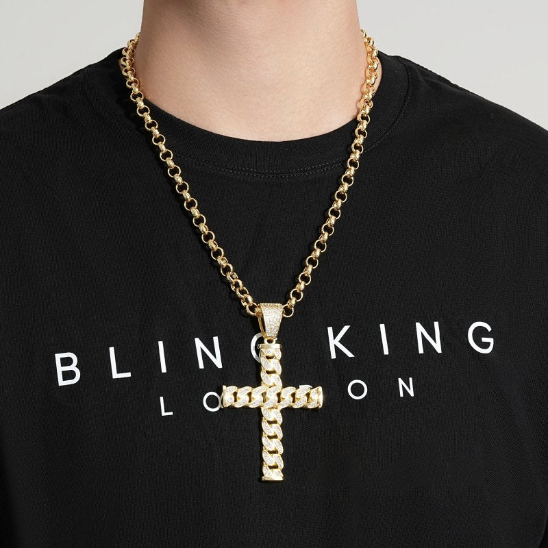 Gold Curb Cuban Cross Pendant 24 Inch 8mm Belcher Chain