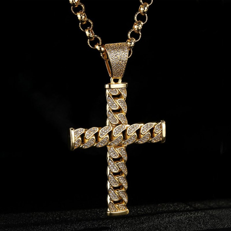 Gold Curb Cuban Cross Pendant 24 Inch 8mm Belcher Chain