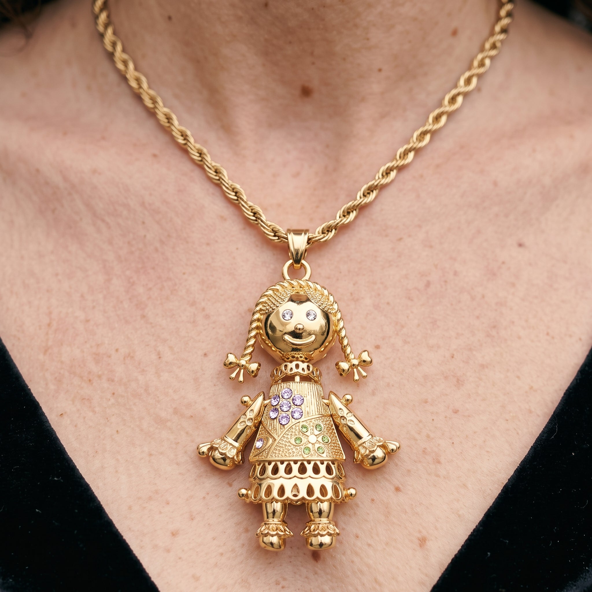Gold Rag Doll Pendant with Multi Colour Stones 24 Inch Necklace