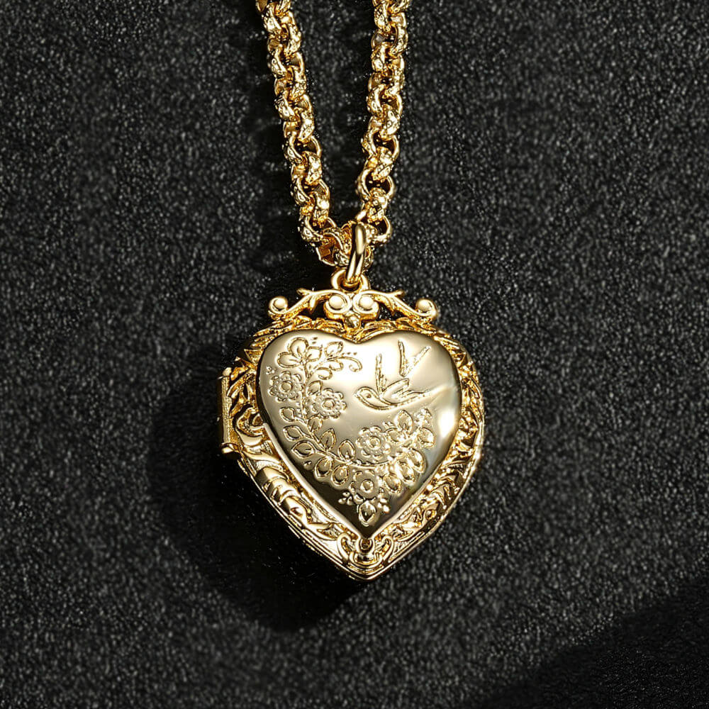 Gold-Filled & Bonded Heart Locket with Birds and Flowers