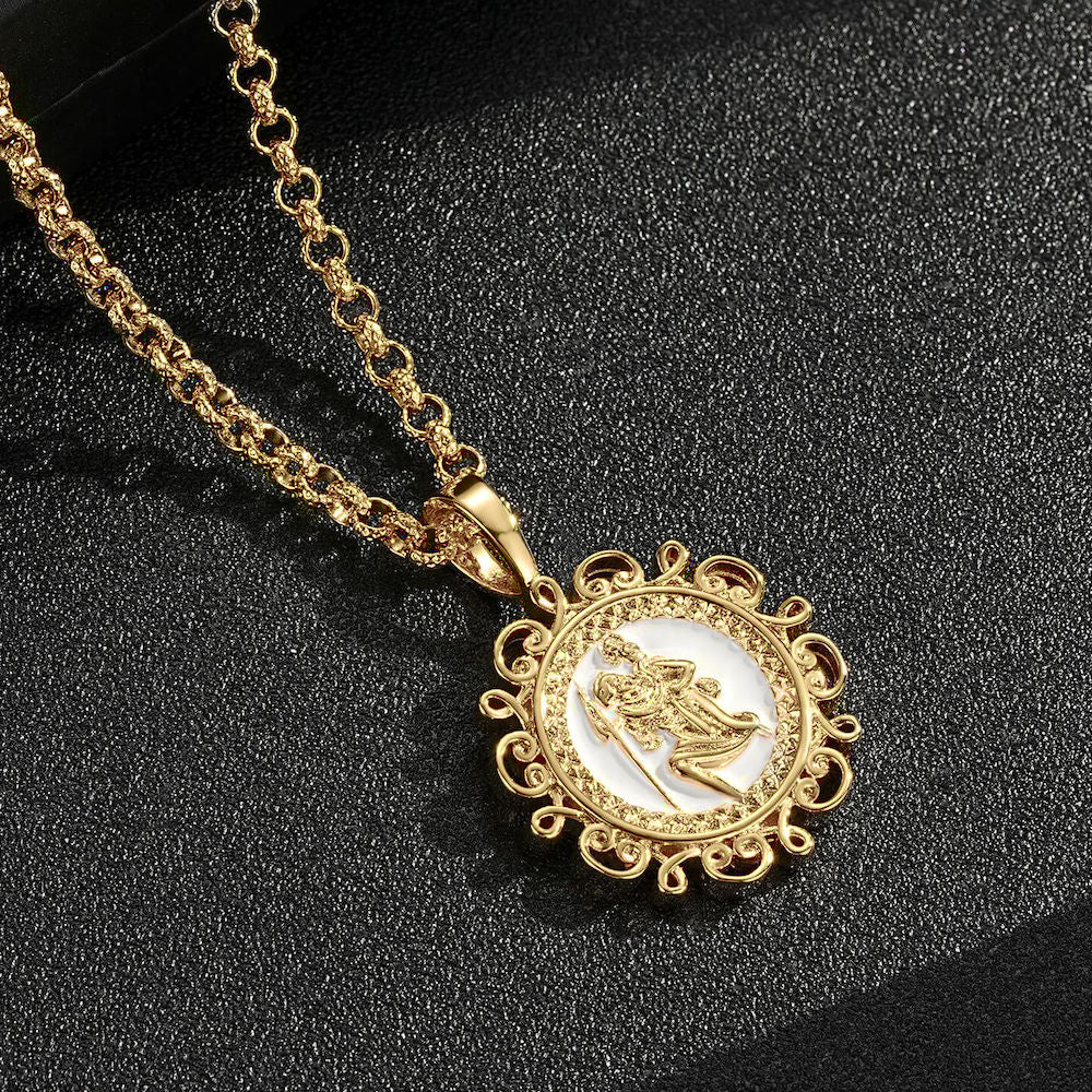 Gold Ornate St Christopher Pendant with 22-Inch, 4mm Belcher Chain