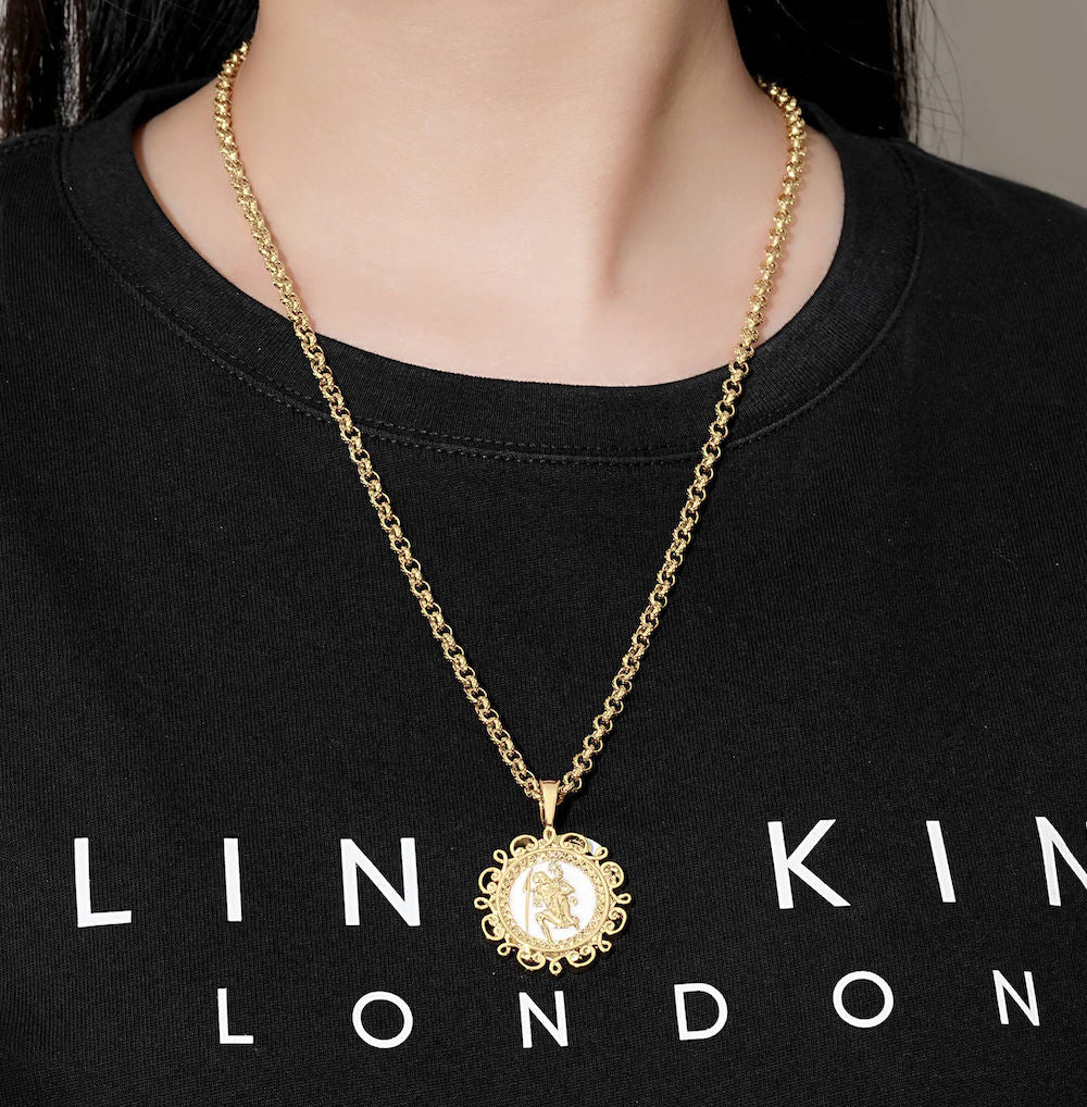 Gold Ornate St Christopher Pendant with 22-Inch, 4mm Belcher Chain