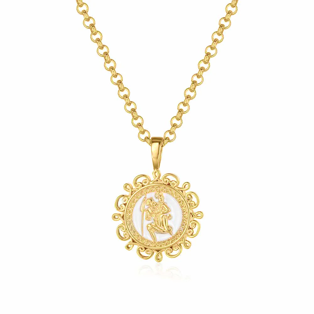 Gold Ornate St Christopher Pendant with 22-Inch, 4mm Belcher Chain