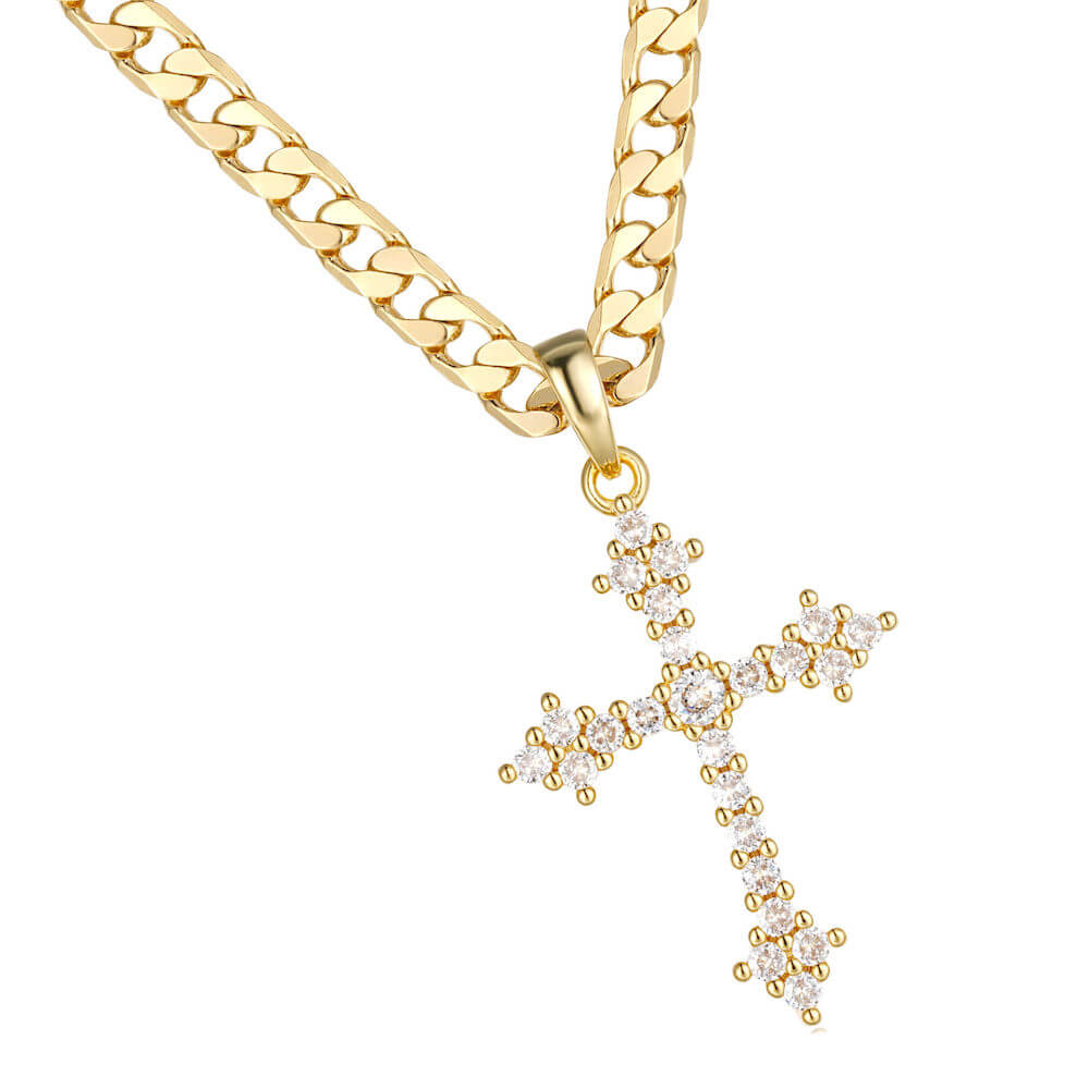 Gold Crystal Cross Pendant 22 Inch 6mm Cuban Chain