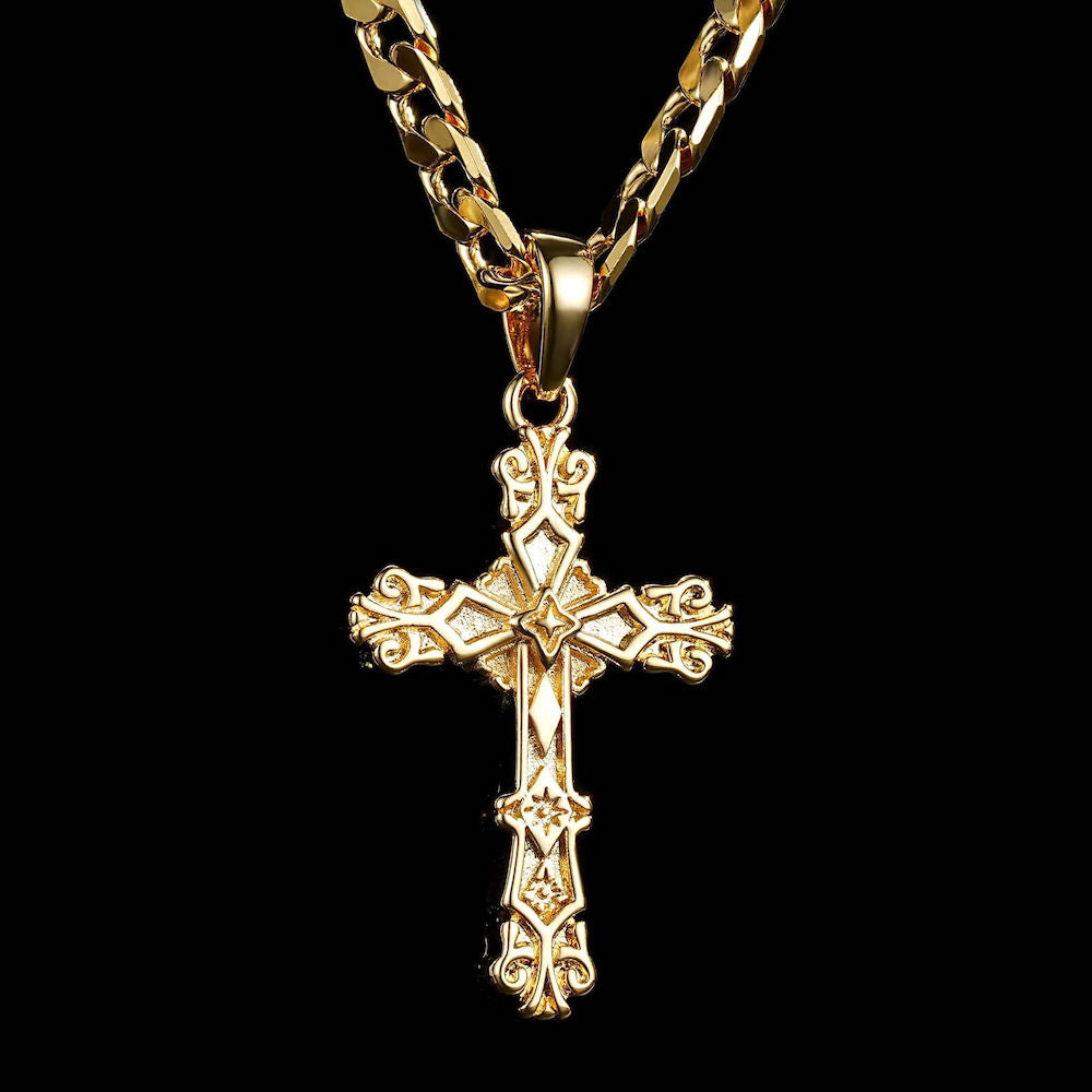 Gold Filigree Cross Pendant 22 Inch 4mm Cuban Chain