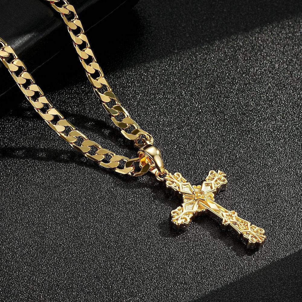 Gold Filigree Cross Pendant 22 Inch 4mm Cuban Chain