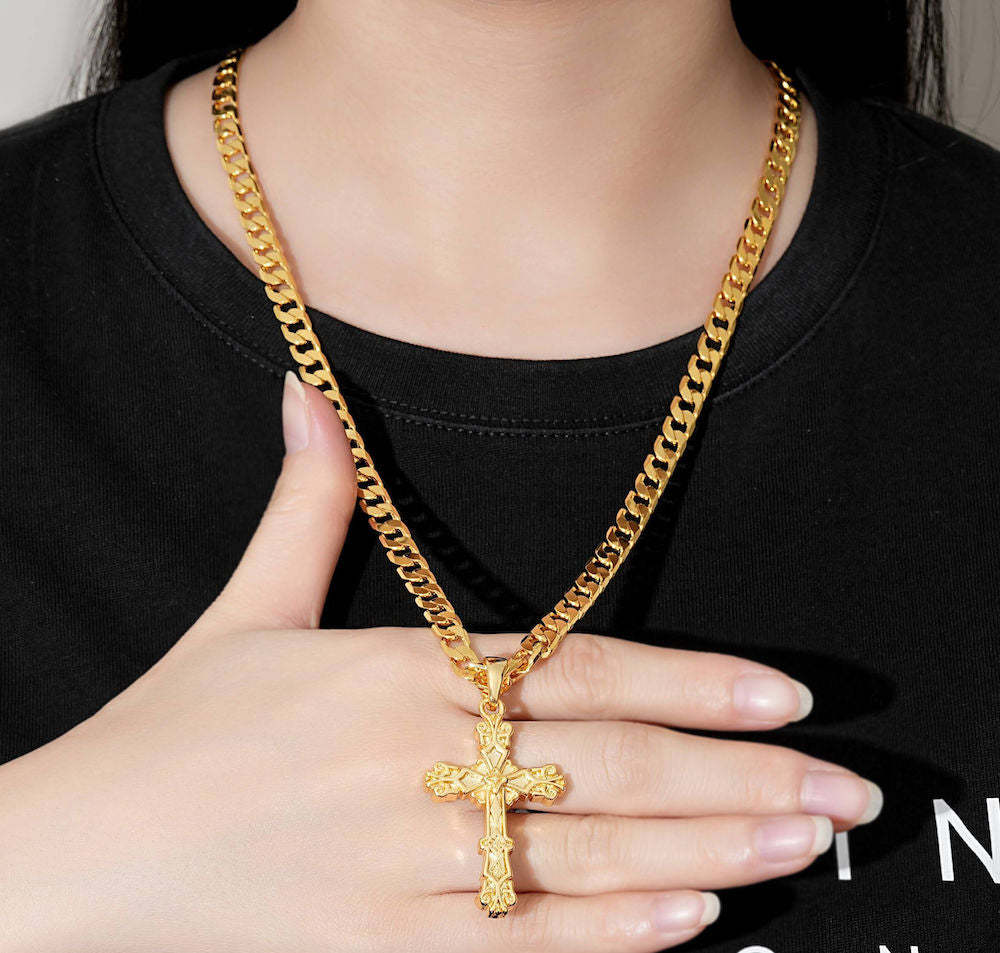 Gold Filigree Cross Pendant 22 Inch 4mm Cuban Chain