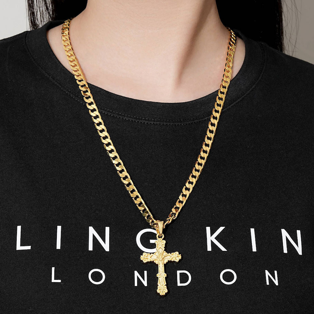 Gold Filigree Cross Pendant 22 Inch 4mm Cuban Chain