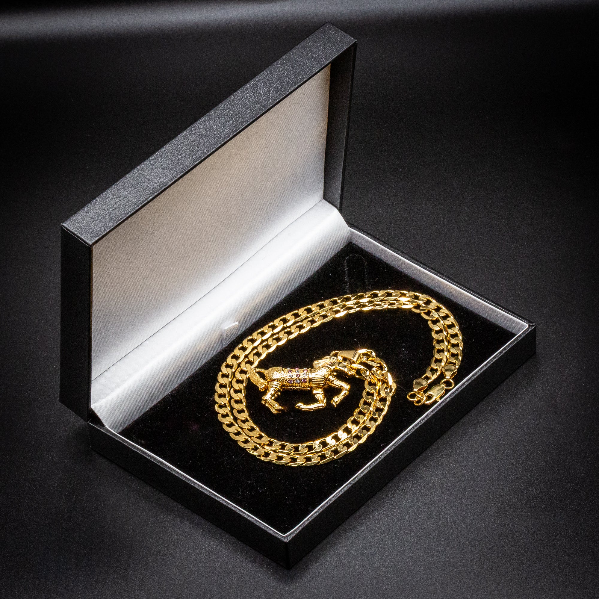 New Gold Horse Pendant with Pink Stones on 24-Inch 4mm Cuban Chain