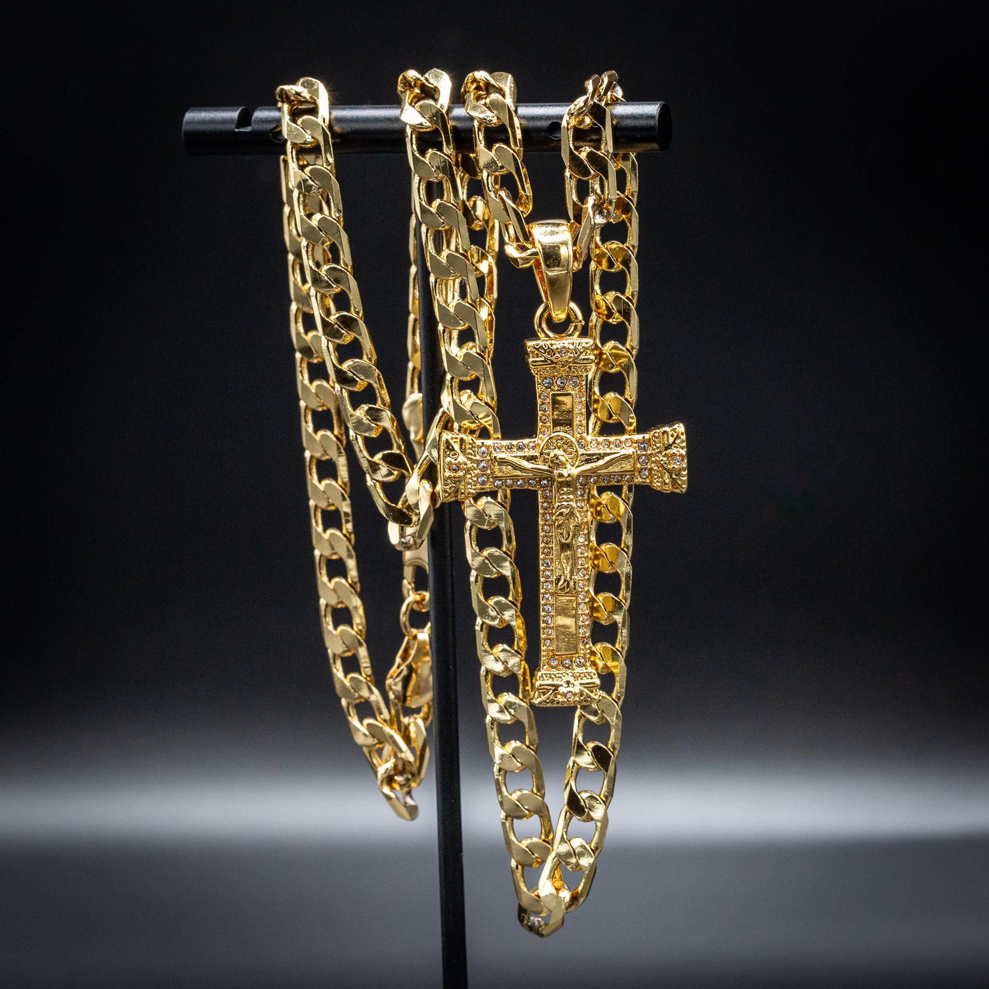 Heavy Gold Jesus Cross Crucifix Pendant with Stones 24 Inch 6mm Cuban Chain