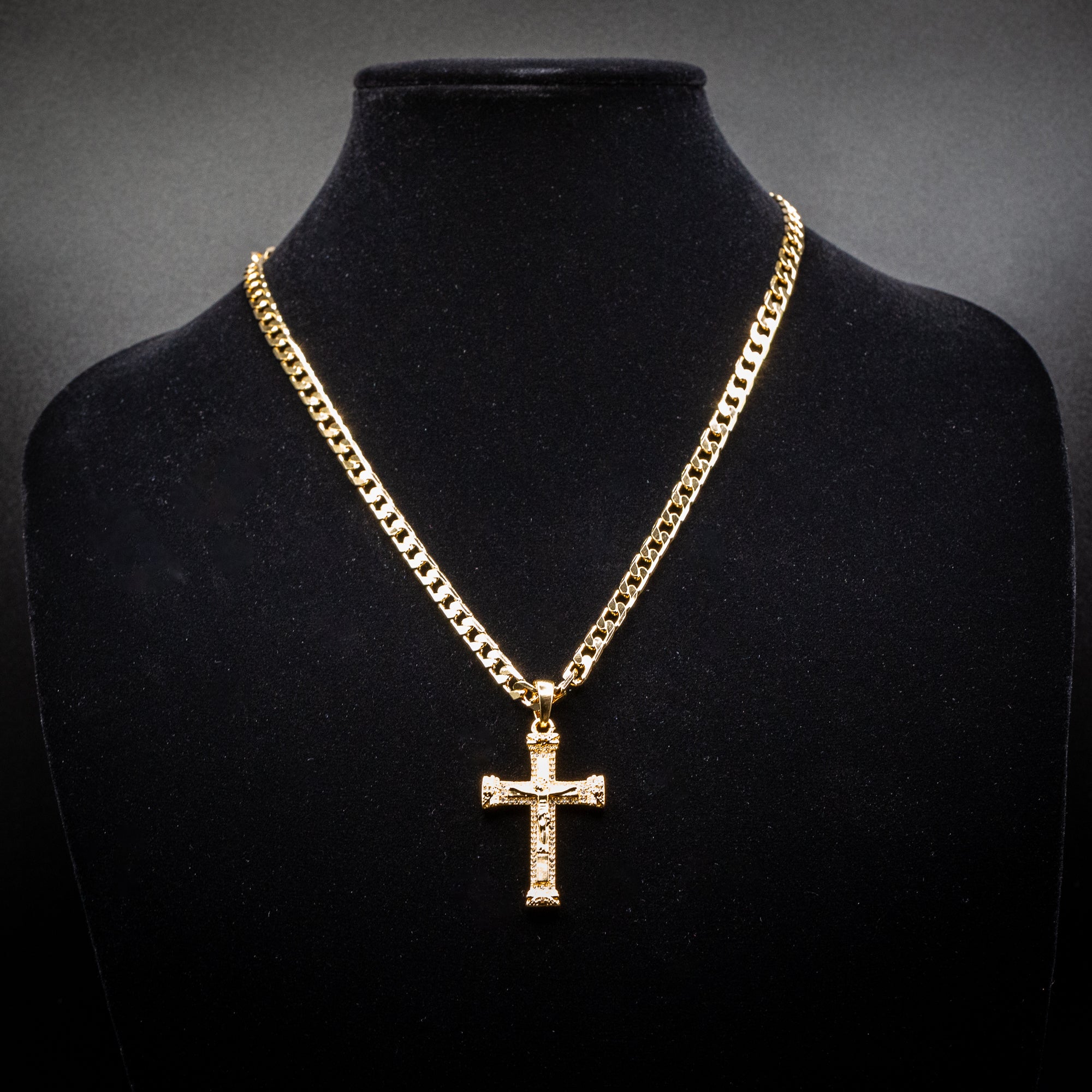 Heavy Gold Jesus Cross Crucifix Pendant with Stones 24 Inch 6mm Cuban Chain