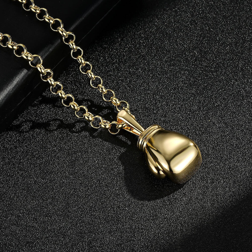 Gold Large Boxing Glove Pendant Necklace 22 Inches 7 mm Belcher Chain 77 g Statement Jewellery