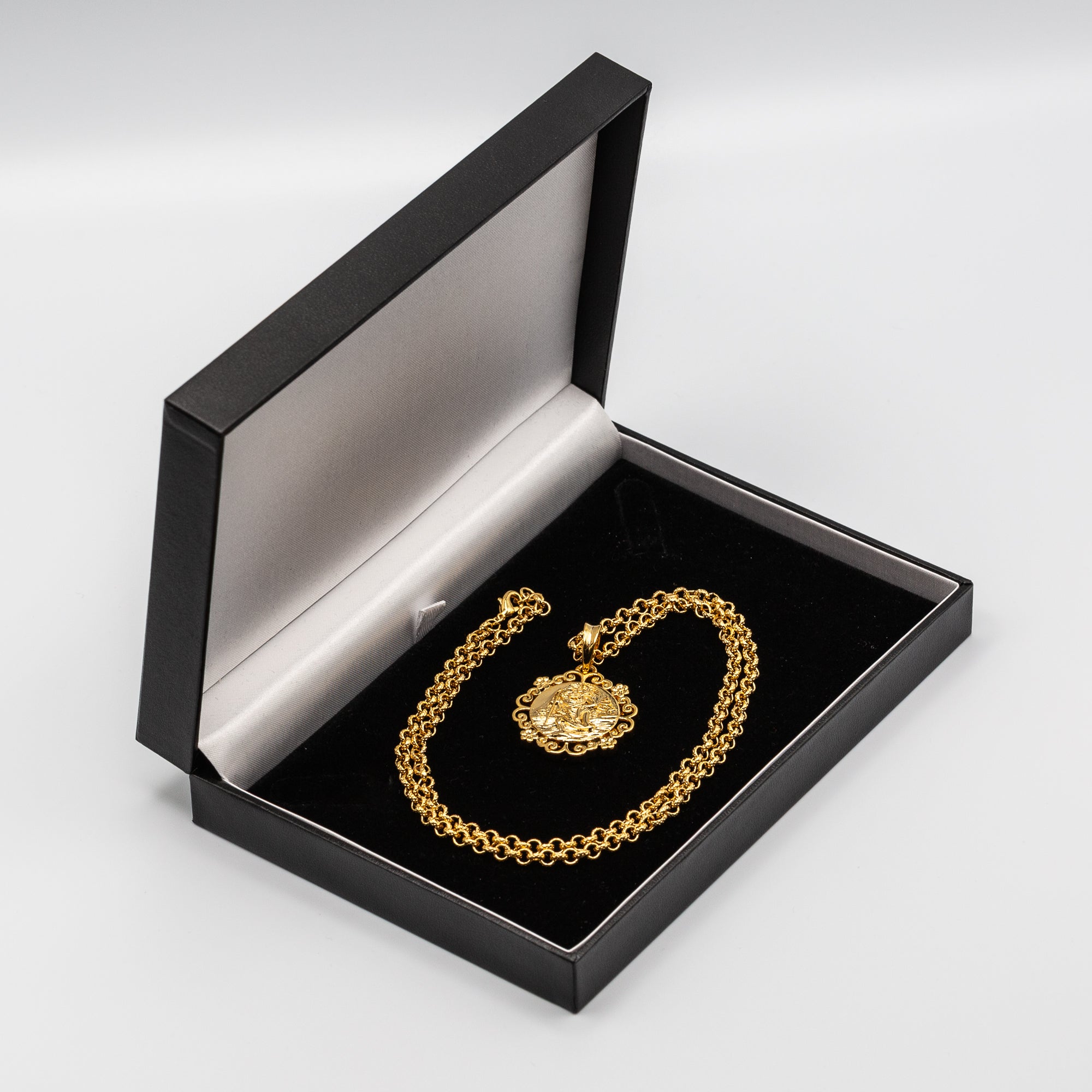 Gold St Christopher Pendant with Flower Mount 22 Inch 4mm Belcher Chain