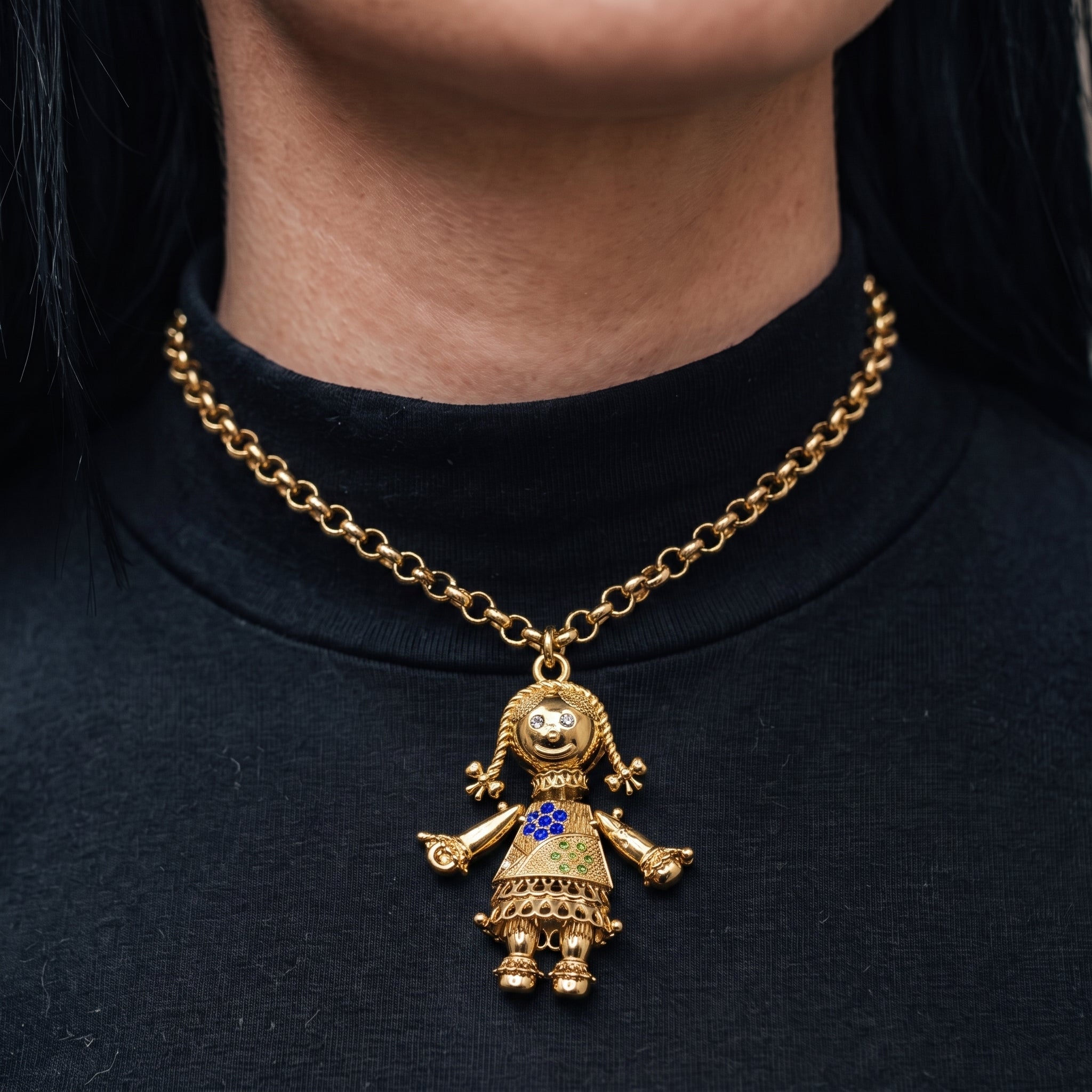 Gold Rag Doll Pendant Necklace 22inches