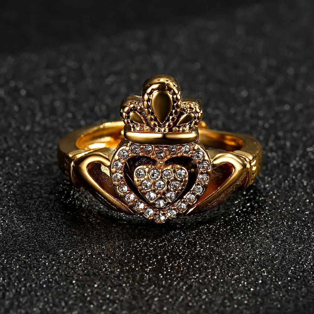 Gold Claddagh Ring with Stones – Size P (Adjustable)