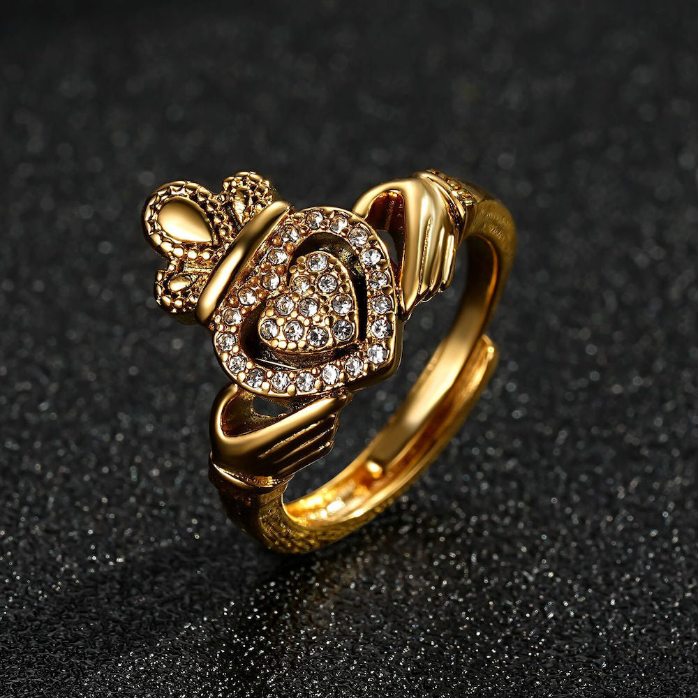 Gold Claddagh Ring with Stones – Size P (Adjustable)