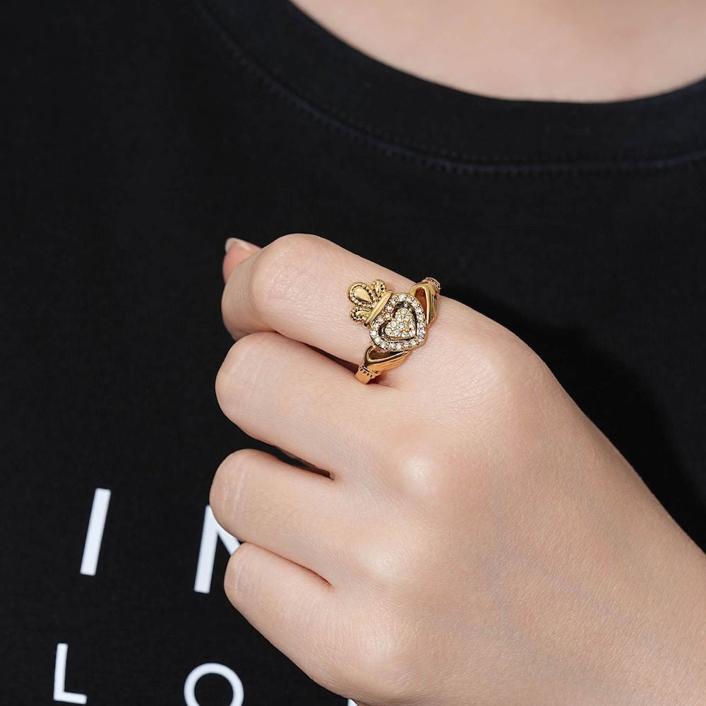 Gold Claddagh Ring with Stones – Size P (Adjustable)