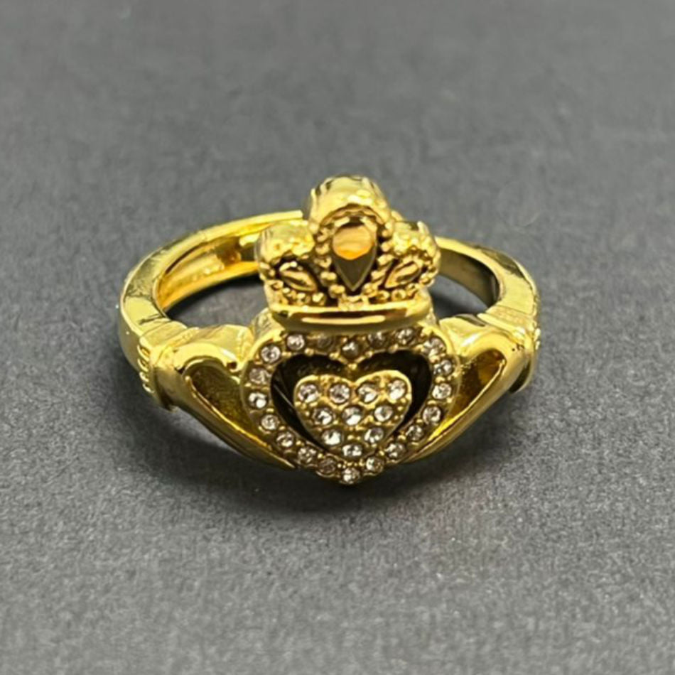 Gold Claddagh Ring with Stones – Size P (Adjustable)