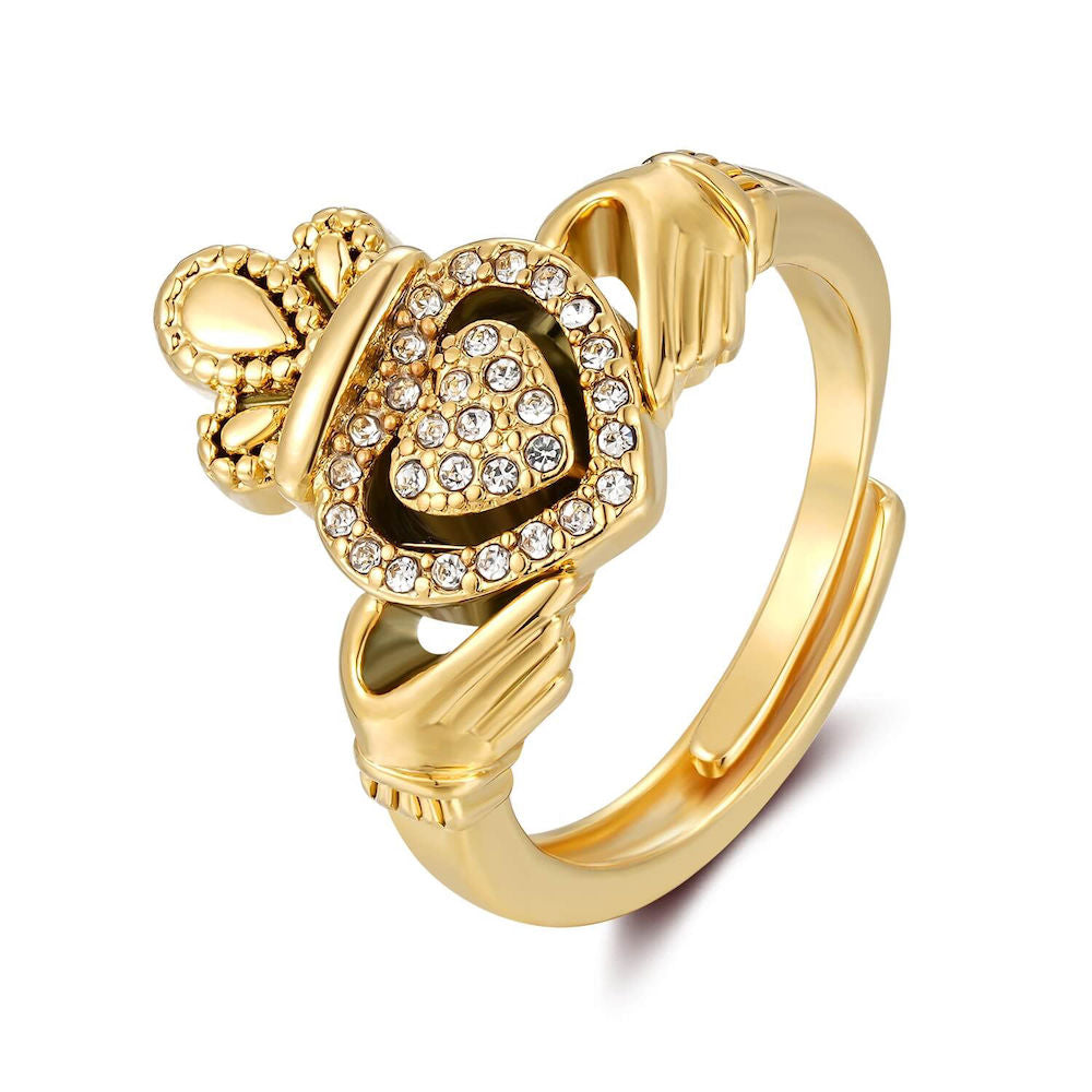 Gold Claddagh Ring with Stones – Size P (Adjustable)