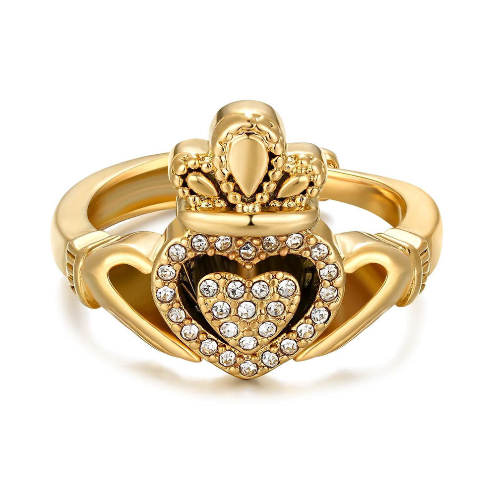 Gold Claddagh Ring with Stones – Size P (Adjustable)