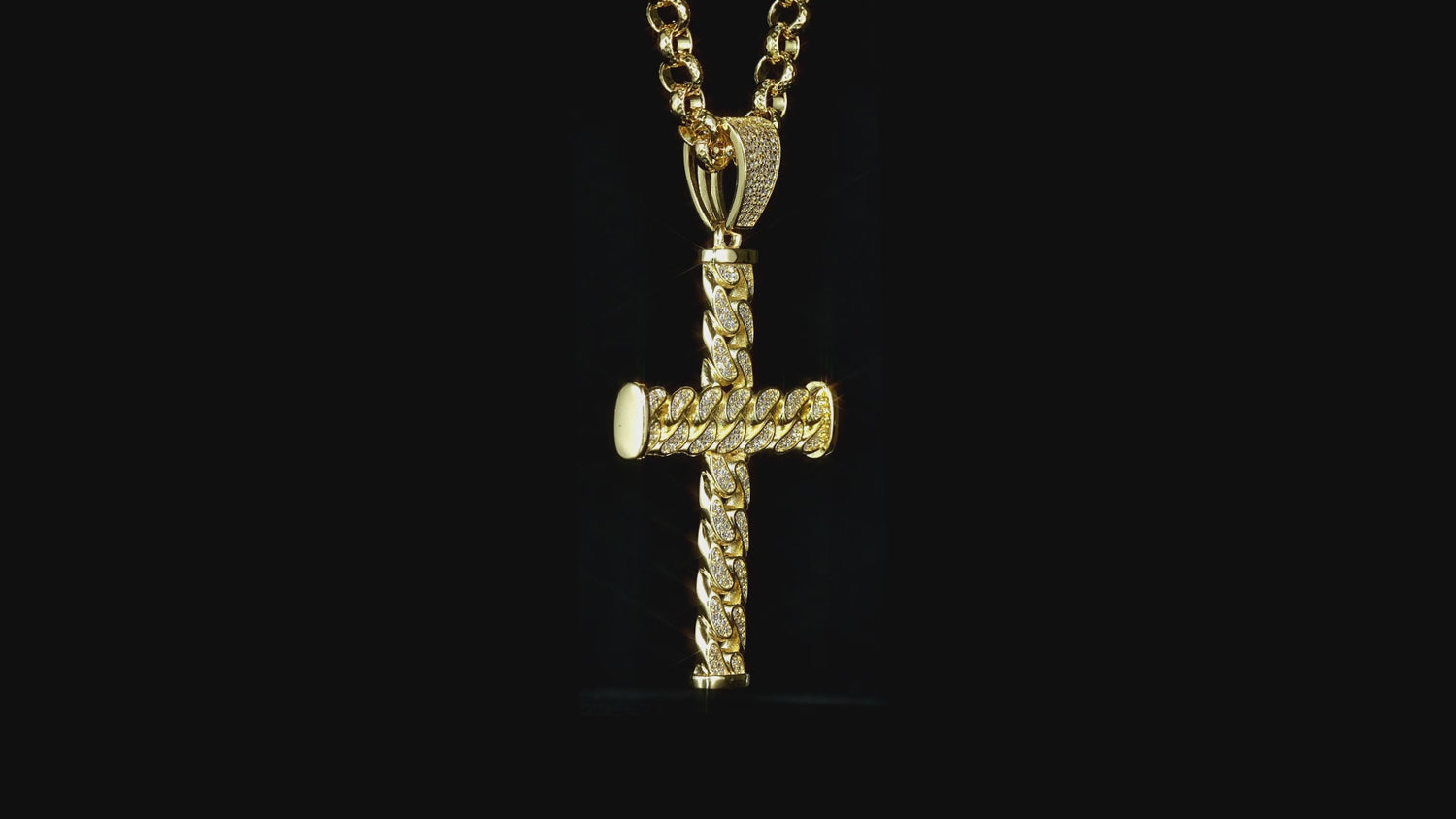 Gold Curb Cuban Cross Pendant 24 Inch 8mm Belcher Chain