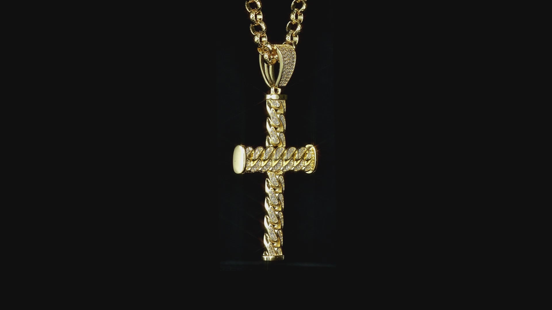 Gold Curb Cuban Cross Pendant 24 Inch 8mm Belcher Chain