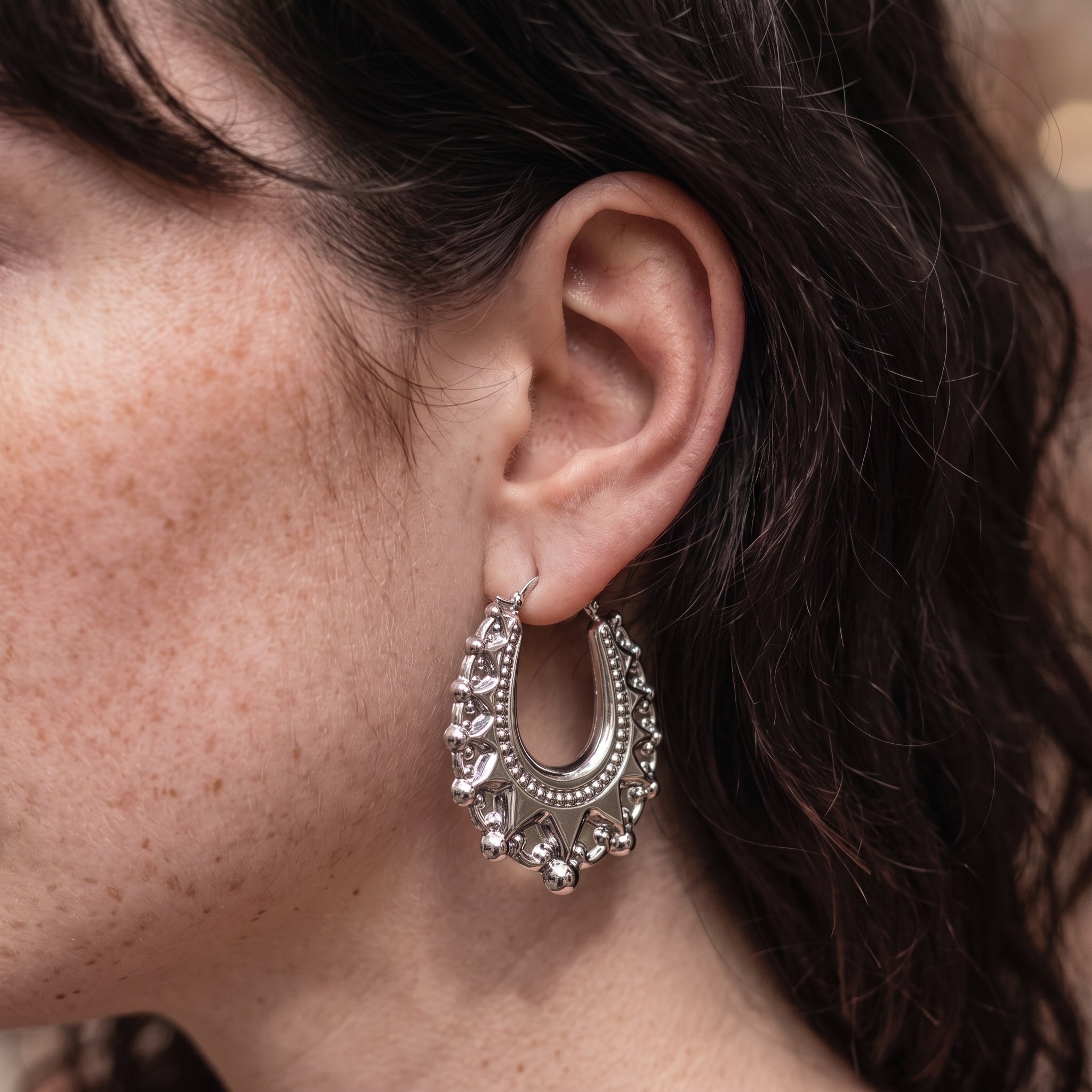 Silver Oval Gypsy Creole Earrings 48mm