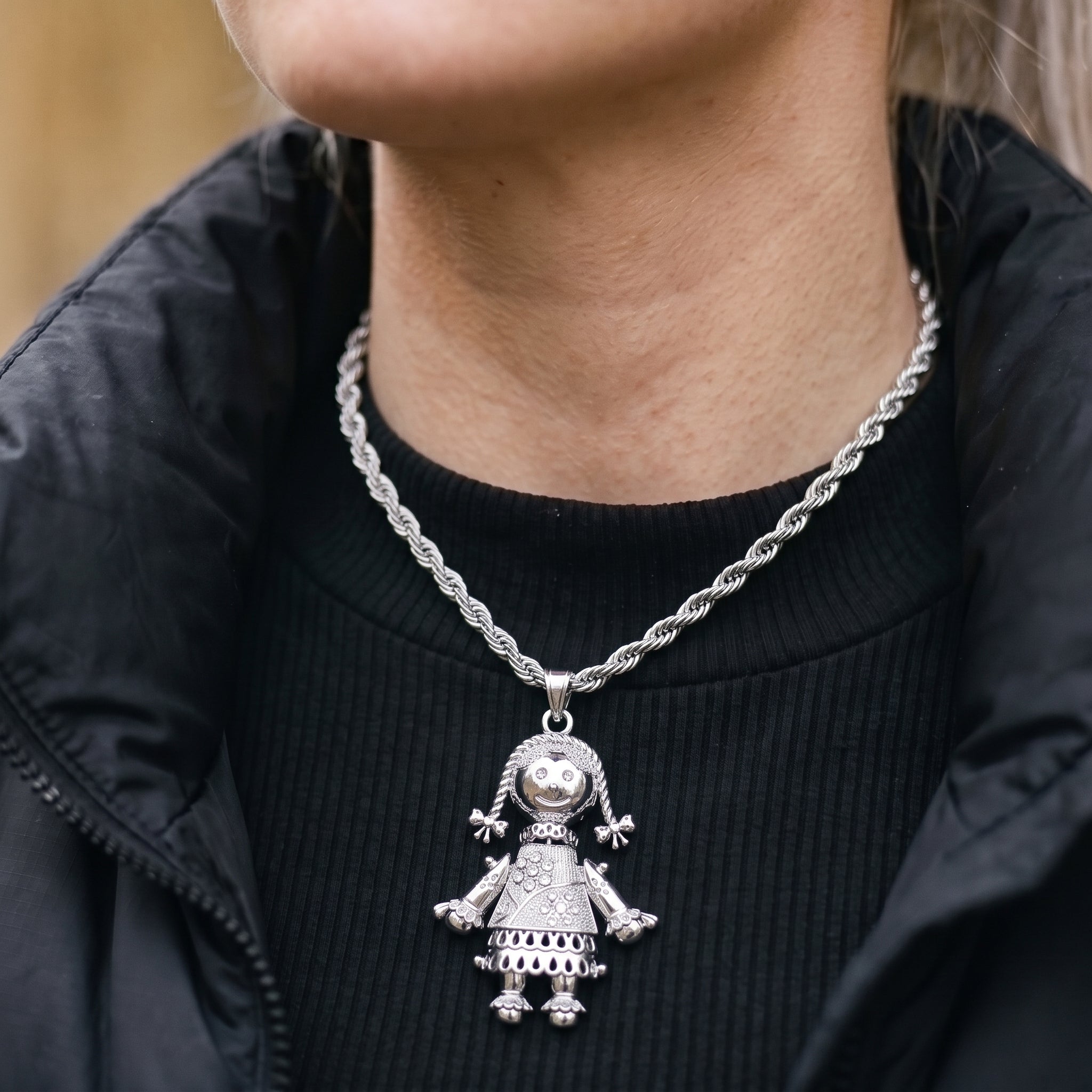 Silver XL Heart Rag Doll Pendant Necklace 24inches
